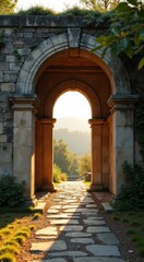 Fototapeta premium Doorway to a stone structure with a stone pathway leading to the sun