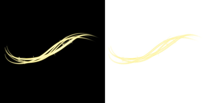 Golden Glowing Light Tail Wave With Sparkling Glitter Particles Isolated On Black And White Background