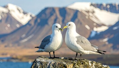 Two Kittiwakes Perched on a Rock with Snowy Mountains.