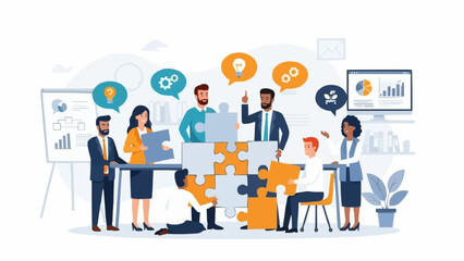 Diverse business team collaborating on a complex puzzle project together.