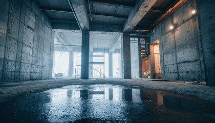Abandoned construction site with flooded interior and exposed concrete structure