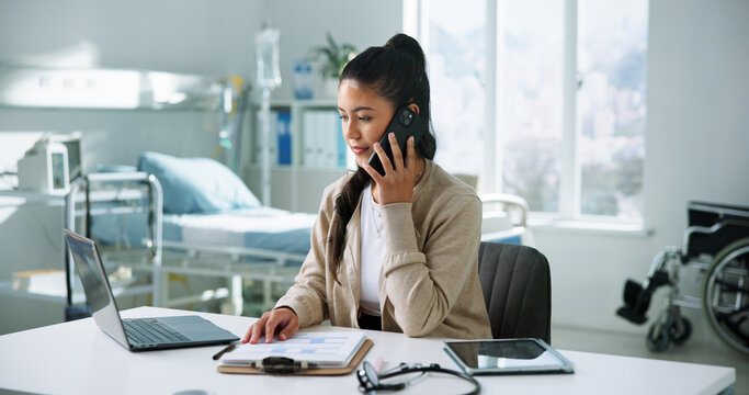 Receptionist, laptop and phone call with woman in hospital for medical files, doctor contact and research. Healthcare, communication and telehealth appointment with person in clinic for online admin