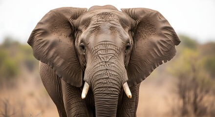 Obraz premium Photorealistic adult elephant close up in Bela Bela Limpopo, powerful face portrait with sharp skin detail and calm eyes, professional editorial safari wildlife photography in ultra high resolution 8k