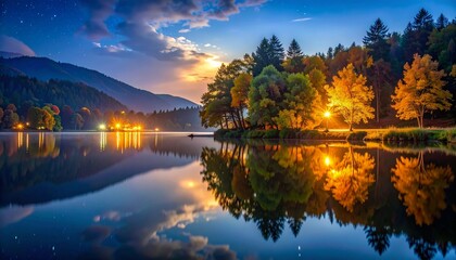 Fototapeta premium Tranquil Autumn Lakeside Sunset with Reflections and Warm Glow in Mountain Forest