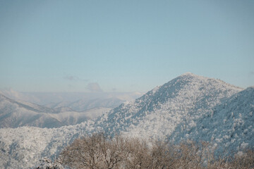 Obraz premium Wide winter mountain range on Mt Gyebangsan, South Korea, covered in pristine snow under a clear blue sky, offering an open, minimal landscape
