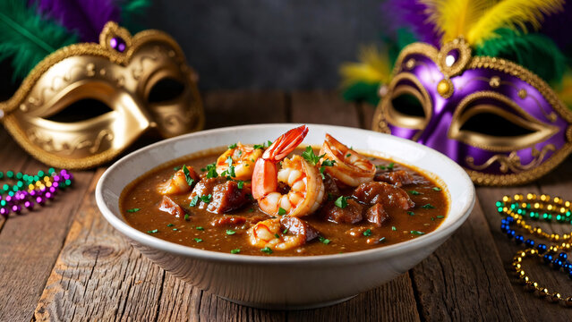 Authentic Cajun Shrimp and Sausage Gumbo in White Bowl with Mardi Gras Masquerade Masks and Beads on Rustic Wood