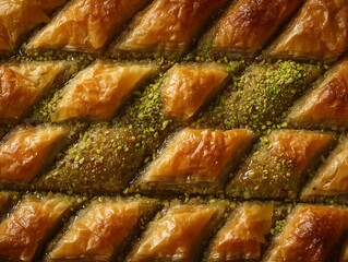 Overhead background of traditional baklava pastry, focusing on the geometric cut patterns and glistening syrup-covered surface