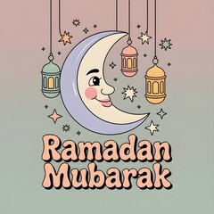 a whimsical pastel illustration featuring a smiling moon with lanterns 