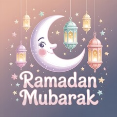 a whimsical pastel illustration featuring a smiling moon with lanterns 