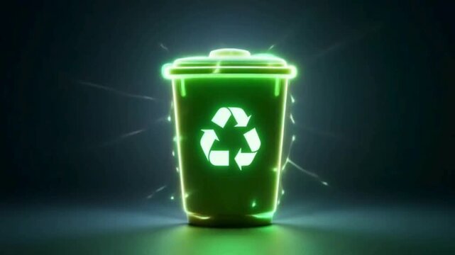 Bright glowing recycle bin icon with flickering neon aura animated 5-second loop