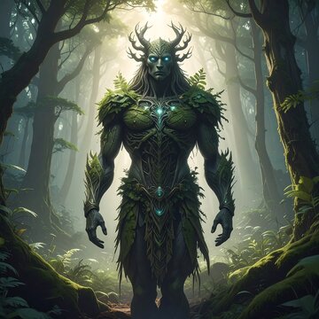 A humanoid forest creature with glowing eyes stands amidst trees