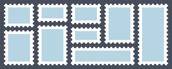 Blue postage stamps set. Post stamp frames and borders. Postage stamp frame collection. Blank empty postage postmarks shapes border collection .