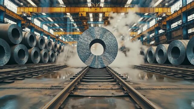 Massive steel coil on railroad tracks inside industrial steel mill with steam