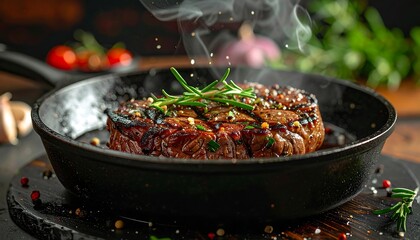 Steaming Steak in Cast Iron Pan with Rosemary.