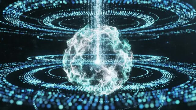 Abstract digital energy sphere with binary data flow and concentric rings