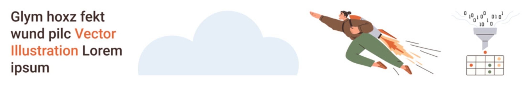 Business growth, innovation, marketing, data analysis, goal achievement, futuristic technology. A person with a rocket pack flies towards progress, alongside a data funnel and cloud design. Business