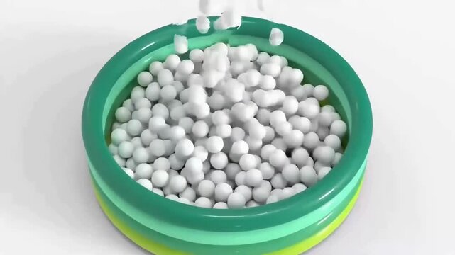 3D animation of white balls falling into a green inflatable kiddie pool on white background.