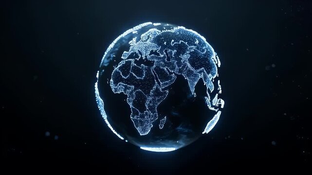 A digital Earth globe glows in a void with a pointillist effect