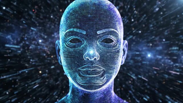 Digital wireframe human face representation in abstract blue digital space