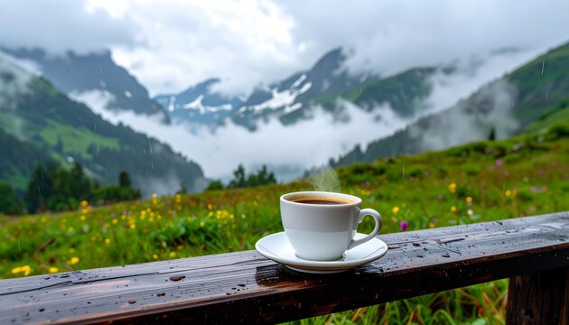 Steaming coffee sits atop a wet wooden railing before a meadow with mountain backdrop in cloud-laden, drizzling weather