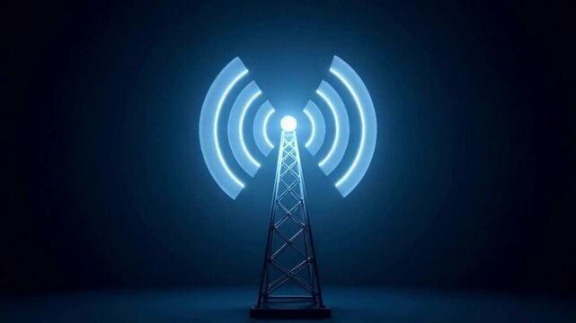 Bright glowing radio signal tower icon with shining waves animated 5-second motion
