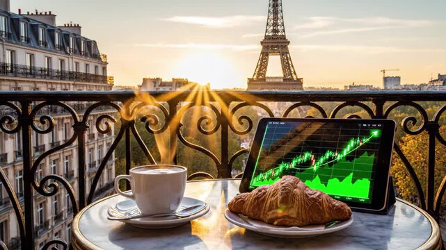 Morning coffee, croissant, and stock market growth on tablet with eiffel tower view at sunrise