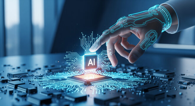 AI Interaction: A futuristic depiction showcasing the convergence of technology and human interaction. A digital hand gently touches an AI-powered chip.