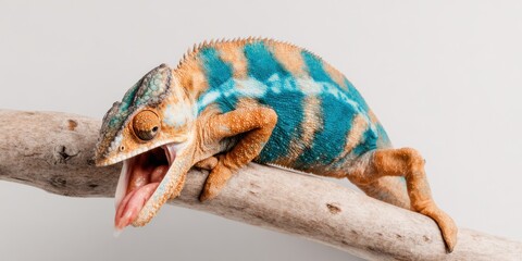 Colorful Panther Chameleon sitting on a branch with open mouth and tongue out for nature advertising and wildlife education banner with copy space