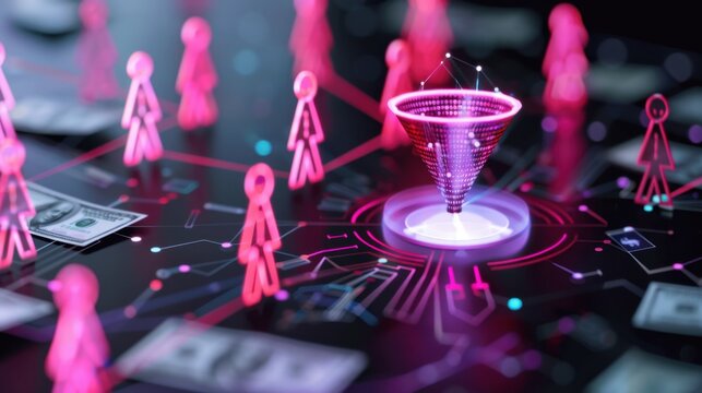 Abstract Digital Network with Data Visualization and Funnel Graphic Illustrating Social Connections and Financial Elements