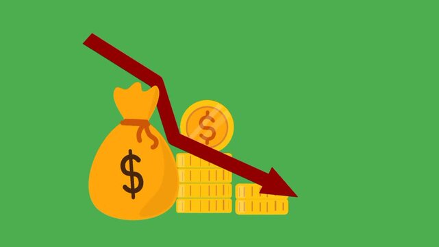 Red falling arrow with money on green screen representing financial loss, economic decline, and market crash animation.