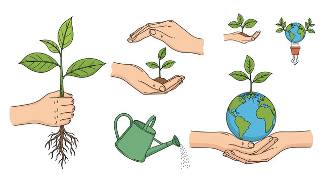 Collection of environmental icons showing hands protecting growing plants, a watering can, and a green plant sprouting from a globe.