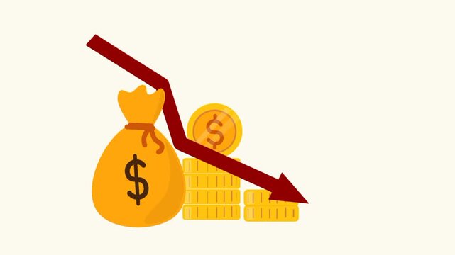 Red falling arrow with money symbolizing financial loss, market decline, economic crisis, and business downturn animation.