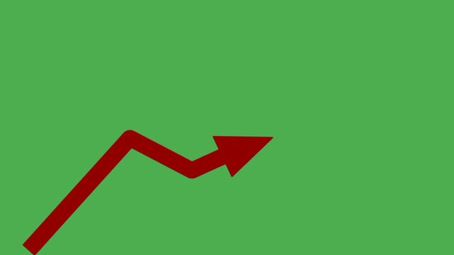 Animated red upward arrow on green screen showing financial growth and business success. Clean chroma key animation concept.