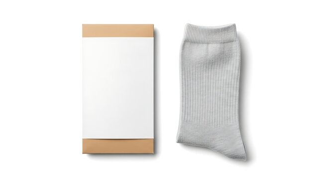 Pair of Gray Socks Next to a Cardboard Box on a White Background.