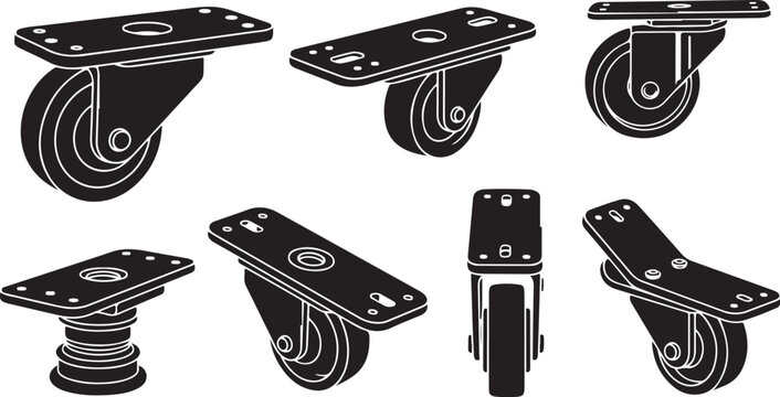 Set of black caster wheels on white background illustration
