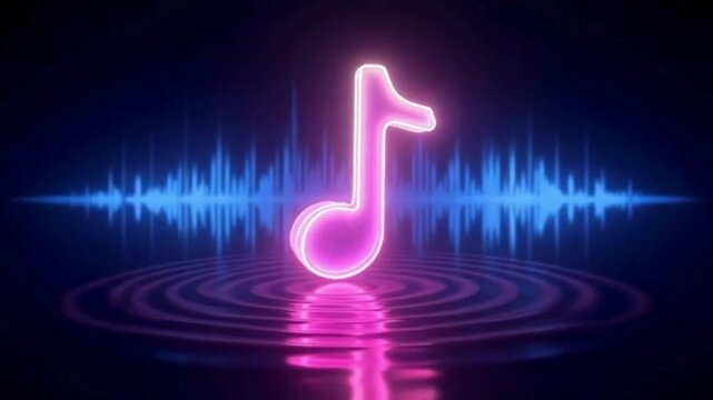 Radiant glowing music note icon with soundwave pulses animated 5-second motion