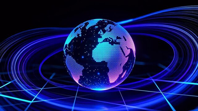 Glowing digital globe with orbiting lines