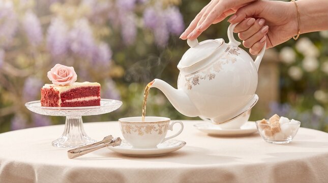 A hand pouring hot tea from a white teapot into a cup next to a slice of red velvet cake on a table outdoors.