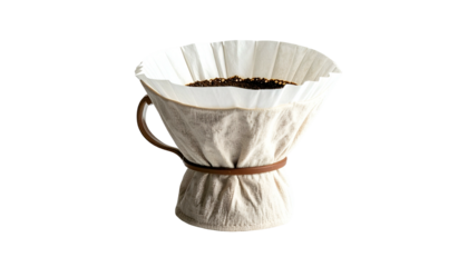 Close-up of coffee brewing setup with filter, paper, beans, and fabric holder