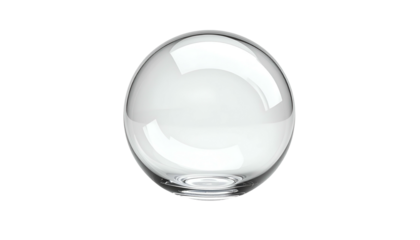 A clear, glossy spherical glass object against a stark black background, reflecting light