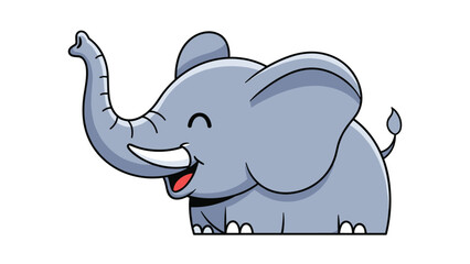 Adorable gray elephant character stands with its trunk raised high and a happy smile in this charming cartoon illustration.