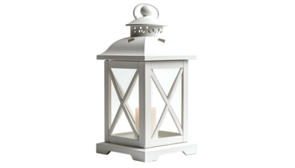 White, ornate, geometric lantern with glass panels and a glowing candle inside