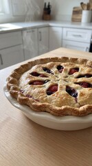 A freshly baked berry pie with steam rising, sitting on a wooden counter in a bright kitchen.