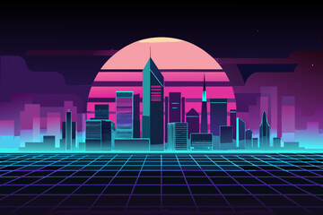 Futuristic cityscape with neon grid and pink sunset