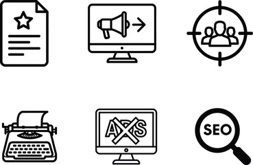 Black and white line icons for business and marketing concepts