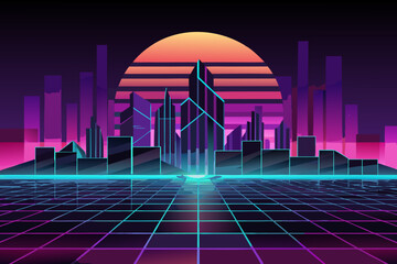Futuristic cityscape with neon lights and grid floor at sunset purple