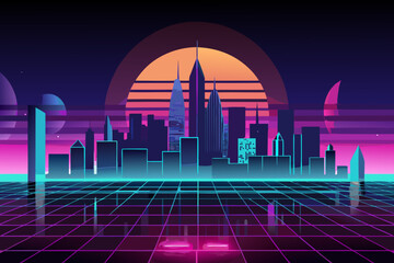 Futuristic cityscape with neon lights and grid floor at sunset retrofuturism