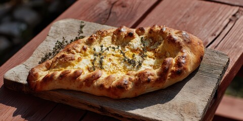 Fresh Khachapuri Bread with Cheese and Thyme Resting on a Rustic Wooden Board for Restaurant Food Menu or Cooking Blog Content with Warm Golden Hour Sunlight