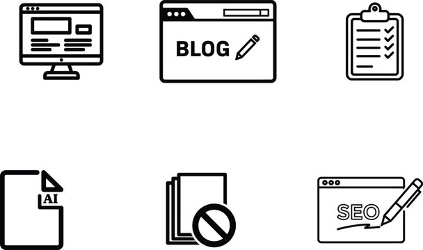 Black and white line icons for blogging and website optimization tools