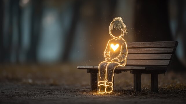 Empowerment in solitude: A glowing heart illuminates a girl on a forest bench, sparking change and mindfulness within a serene natural backdrop.